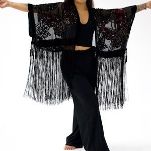 sequins & velvet butterfly kimono w/ long fringe